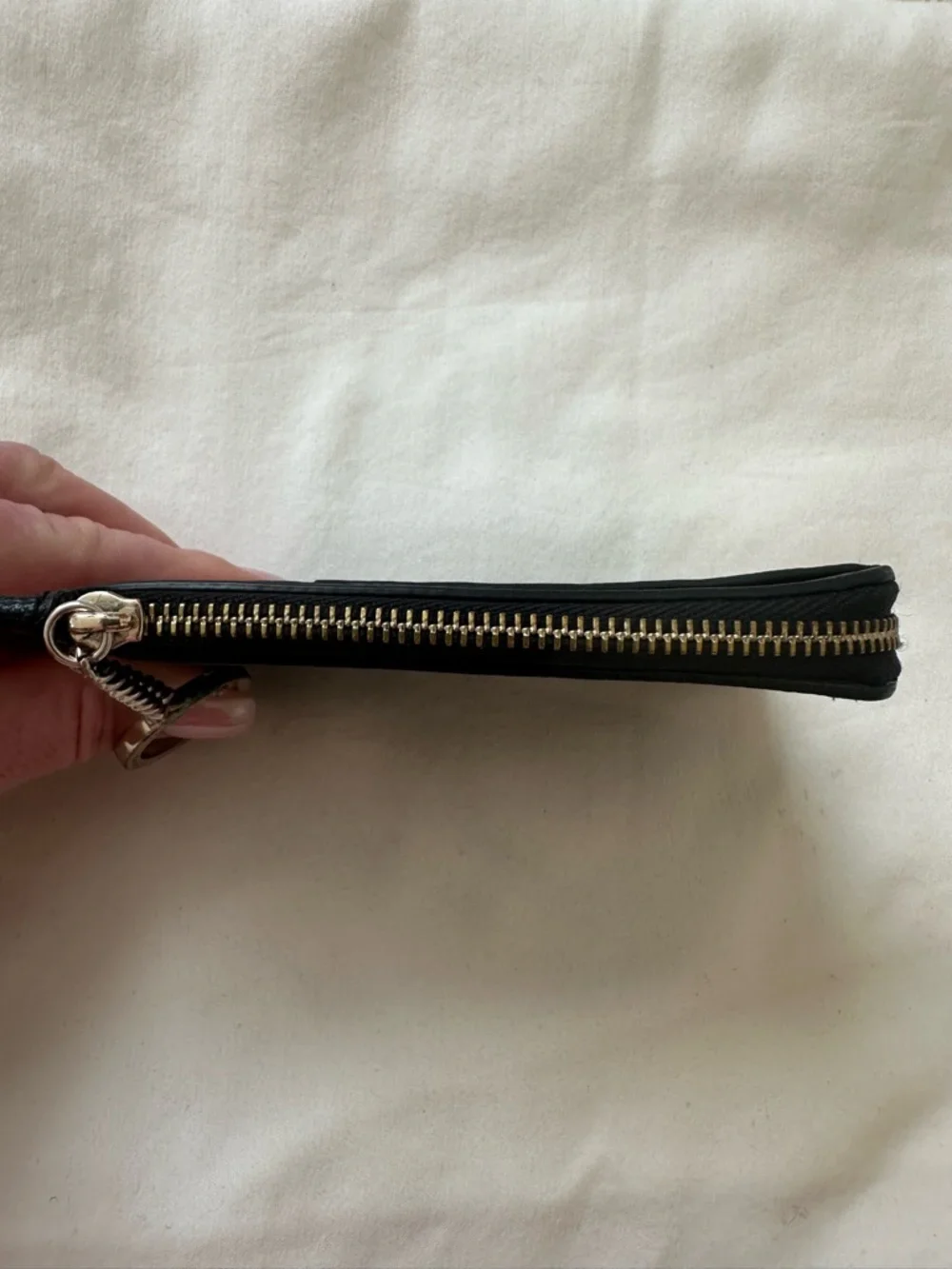 KATE SPADE Black Leather Zip Card Holder Coin Purse Keychain Key Ring Wallet